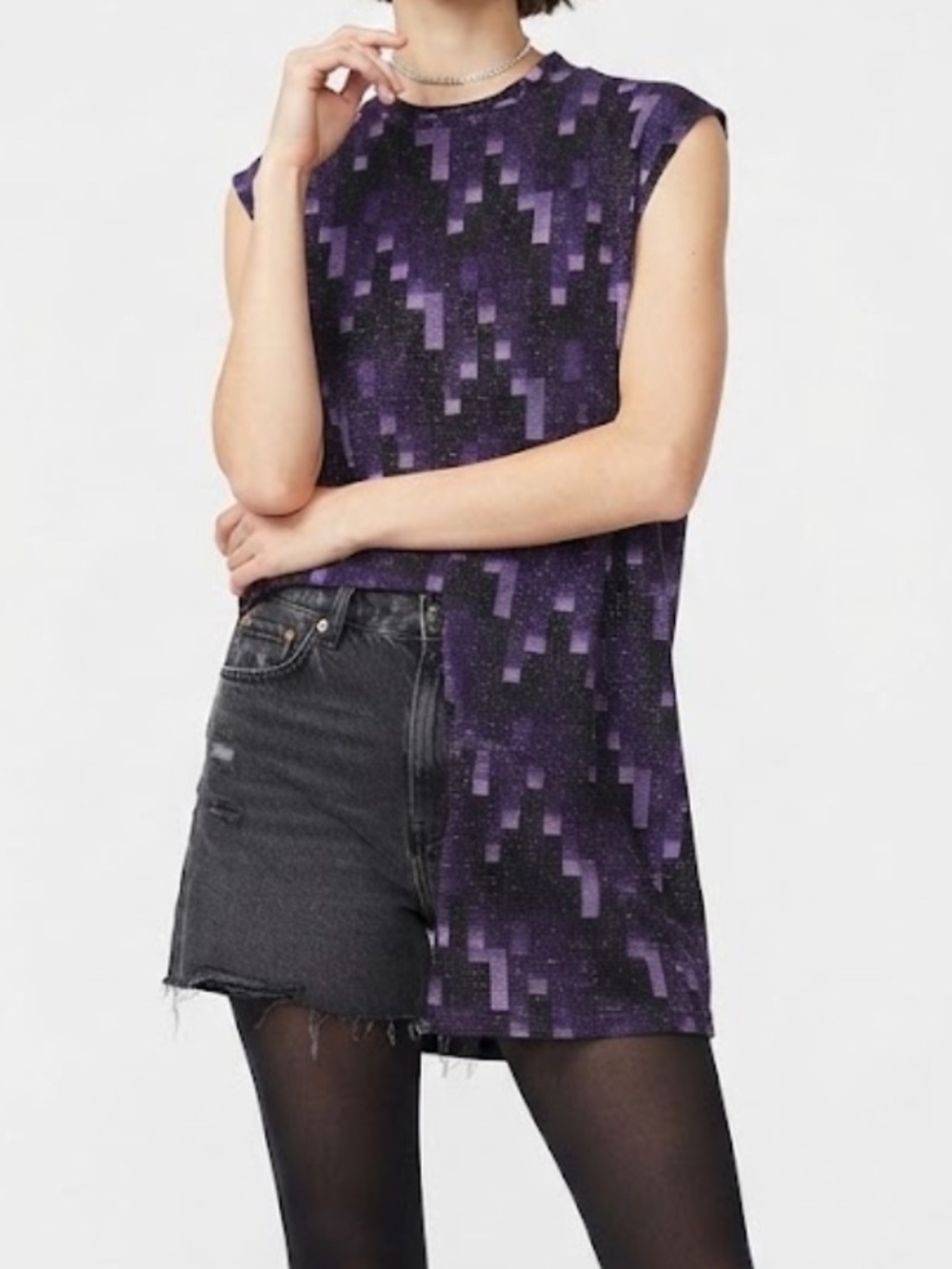 Vintage Bonkers Cloghing Co. Women’s Sleeveless Pixel-Print Purple Blouse 26/28